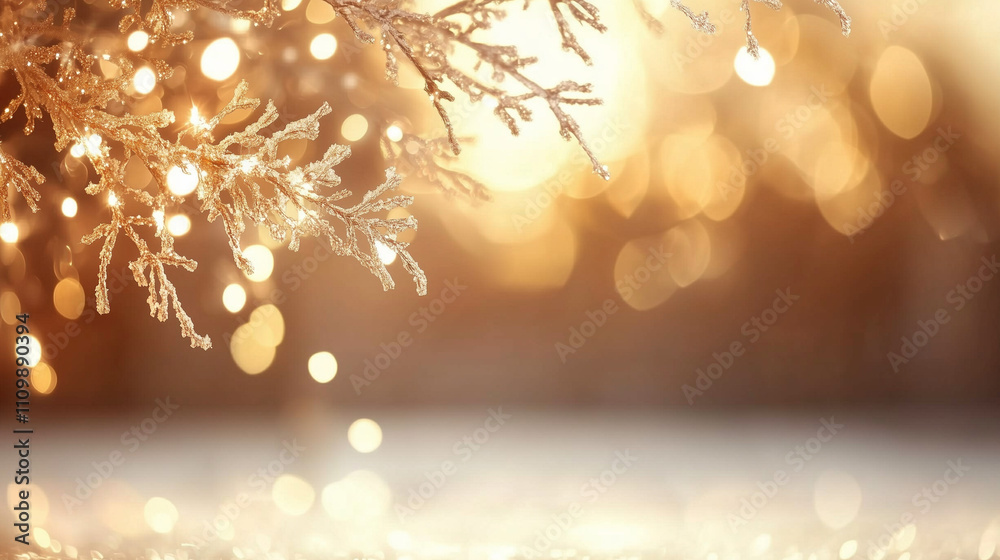 Poster Golden bokeh lights illuminate a Christmas tree branch, creating a warm and festive atmosphere. Perfect for holiday cards, invitations, and social media posts.
