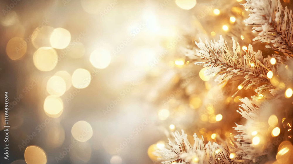 Aufkleber Golden bokeh lights illuminate a Christmas tree branch, creating a warm and festive atmosphere. Perfect for holiday cards, invitations, and social media posts.