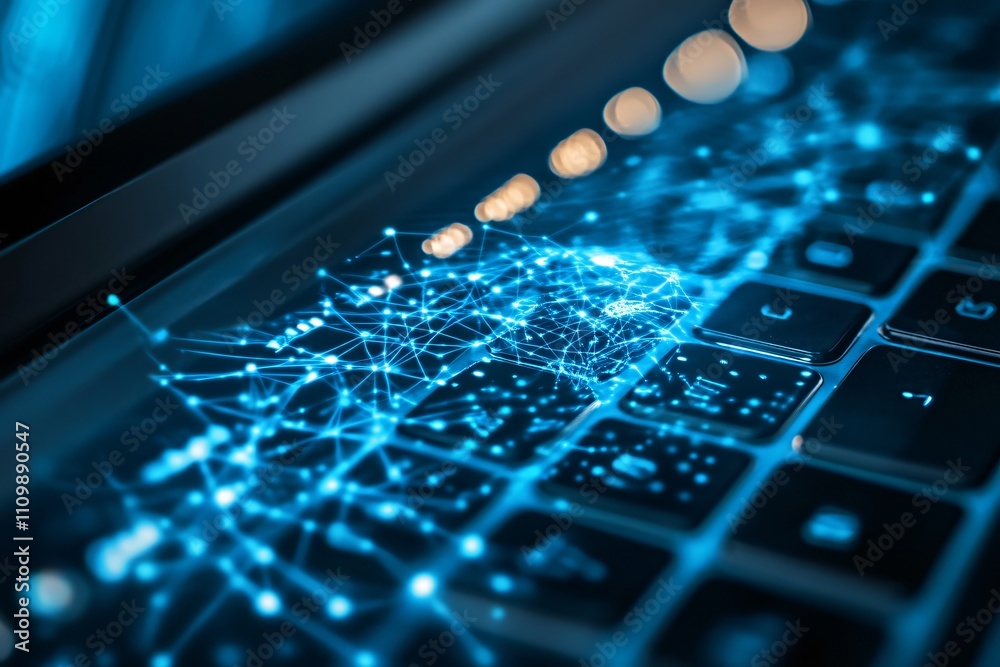 Poster a close-up of a keyboard with digital network graphics overlay, symbolizing technology and data.