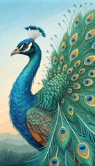 Majestic Peacock Showcasing Iridescent Plumage in a Serene Landscape at Dawn. Generative AI