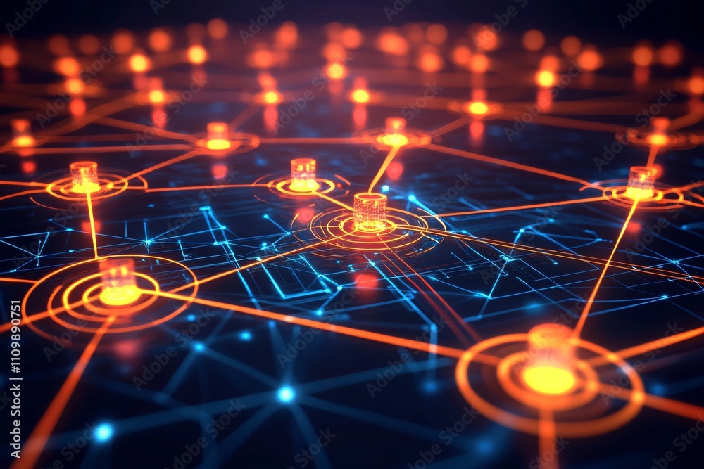 Poster a digital network representation with interconnected nodes and glowing connections.