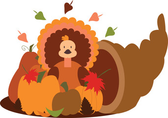 Hand drawn cute flat turkey pumpkin cornucopia pinecone leaves. Thanksgiving day greeting card. Stock vector illustration