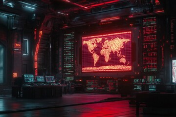 A futuristic control room with a glowing world map and high-tech monitors.