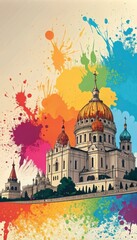 Obraz premium Colorful Abstract Grunge Background Featuring a Vibrant Depiction of a Historic Building. Generative AI