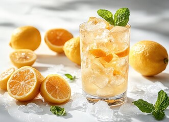 Refreshing lemonade drink in a glass with ice, lemon slices, and mint.  Perfect for summer.