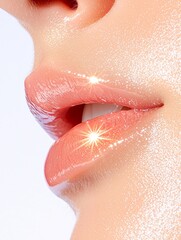 Fototapeta premium A close-up of glossy, shimmering lips, showcasing a soft peach hue and a radiant shine, emphasizing beauty and skincare.