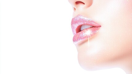 Obraz premium A close-up of shimmering, glossy lips with a hint of sparkle against a clean white background.