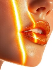 A close-up of a glamorous lip look with a shimmering golden finish and dramatic lighting effects highlighting the contours of the face.