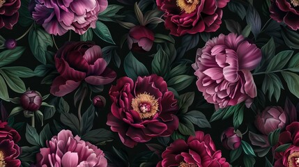 Dark floral pattern with vibrant peonies in various shades of pink and purple, surrounded by lush green leaves. Perfect for backgrounds and textiles.