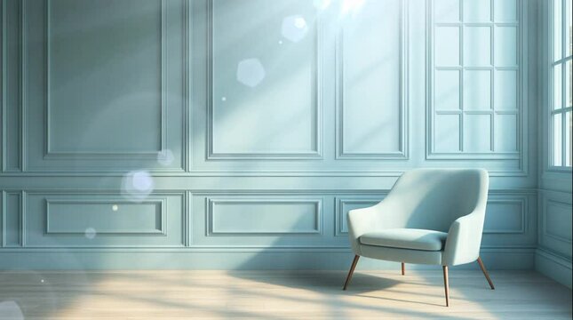 A light blue wall with paneling and a chair in the interior of a minimalist room