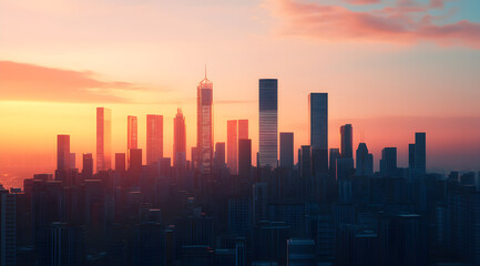 A city skyline silhouetted against a vibrant sunset, showcasing modern skyscrapers and a tranquil atmosphere.