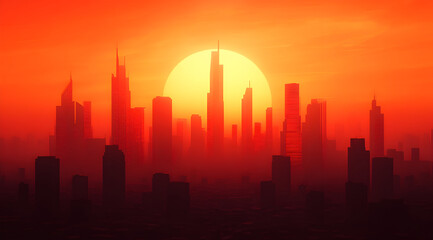 Obraz premium A vibrant sunset casts a warm glow over a city skyline, silhouetting tall buildings against a striking orange background.