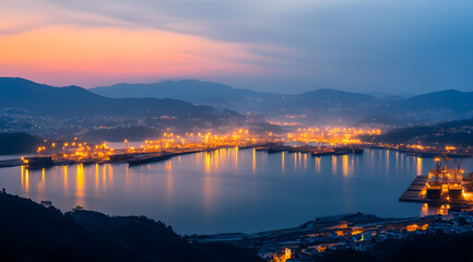 Fototapeta premium A stunning dusk view of a harbor illuminated by city lights, surrounded by mountains under a colorful sky.