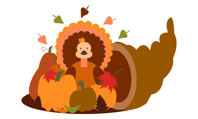 Hand drawn cute flat turkey pumpkin cornucopia pinecone leaves. Thanksgiving day greeting card. PNG illustration