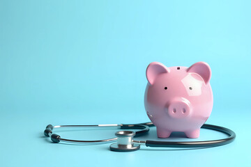 Piggy bank with stethoscope isolated on light blue background with copy space. Health care financial checkup or saving for medical insurance costs concept