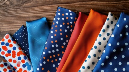 Colorful Fabrics with Dots on Wooden Surface for Creative Projects