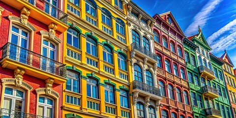 Fototapeta premium Vibrant Urban Facade, Blue Sky Macro