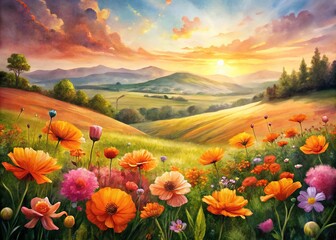 Watercolor Flowers Field - Orange Pink Landscape AI Art