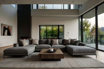 Modern Minimalist Living Room with Luxurious Gray Sofa and Elegant Decor