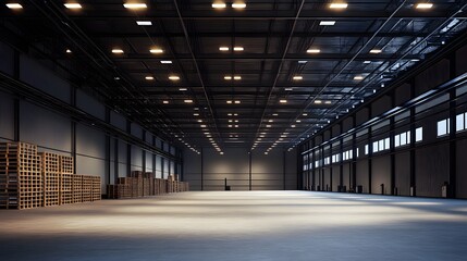 A large empty warehouse with a lot of pallets stacked up. The space is dimly lit, giving it a somewhat eerie atmosphere