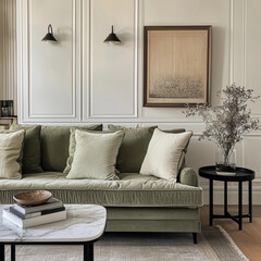interior of a cozy living room i a mixtture of french chic provance and modern styles, soft white walls, green sage sofas and black side table , white marble and dark wood
