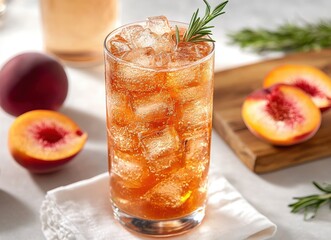 Fototapeta premium Refreshing peach iced tea with rosemary garnish, served in a tall glass with ice cubes. Perfect for summer.