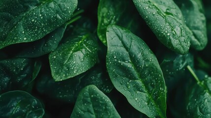 Obraz premium A bunch of green leaves with water droplets on them