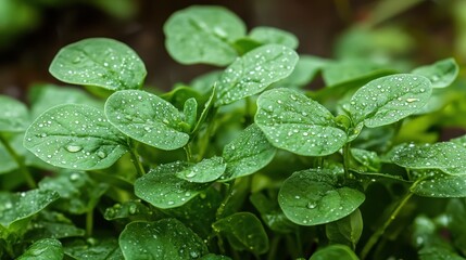 A bunch of green leaves with water droplets on them