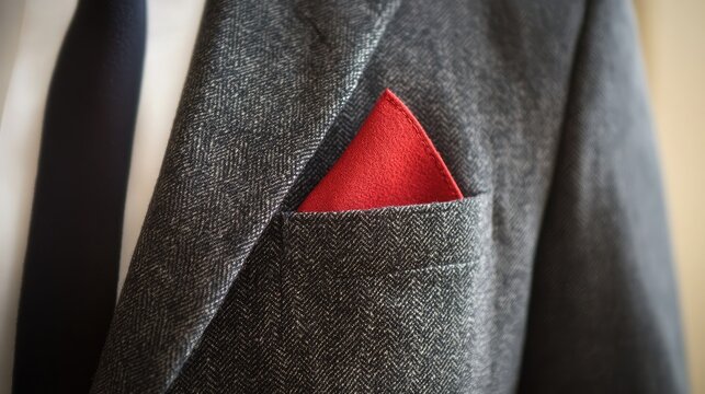 Classic Tailored Suit with a Red Pocket Square Detail Close-Up