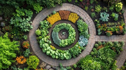 A garden with a circular path and a variety of plants