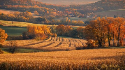 Fototapeta premium A field of corn is in the foreground of a landscape