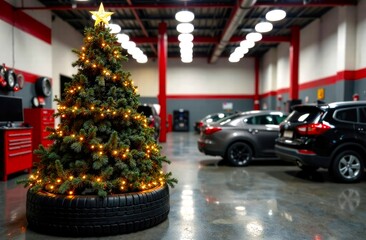 Car repair shop or tire station, is decorated for Christmas. Christmas tree with garland lights, cars in the background. illustration with copy space