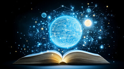 Cosmic Revelation: An open book glows with ethereal energy, revealing a vibrant blue planet connected to a celestial network. A captivating image symbolizing knowledge, exploration.
