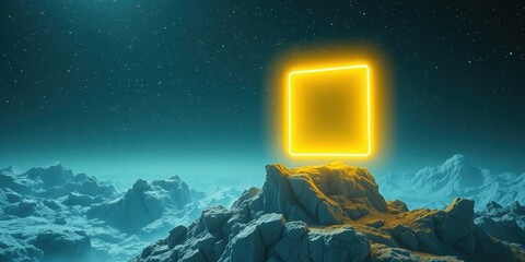 A glowing neon square hovers above a rocky mountain range against a starry night sky.