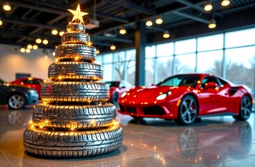 Christmas tree and new automobile, indoors. Christmas tree made of car tires with garland lights, a car showroom in the background. The car dealership is decorated for the winter holiday. Copy space