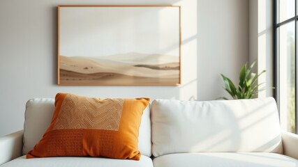 A minimalist living room with a white sofa featuring an orange patterned throw pillow, a framed abstract landscape print, and a potted plant in the corner, bathed in soft natural light.