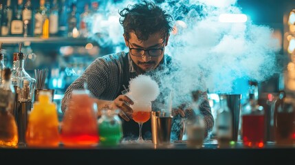 A bartender creating molecular gastronomy drinks with innovative tools in a cutting-edge bar