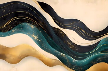 Abstract golden lines with black and teal green colors on a beige background, golden wavy lines with black and turquoise colors, gold lines with dark brown and light gray.