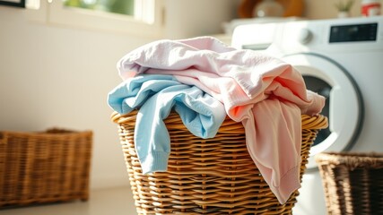A wicker laundry basket overflowing with soft pink and blue knit sweaters, ready for a gentle cycle in the nearby washing machine.