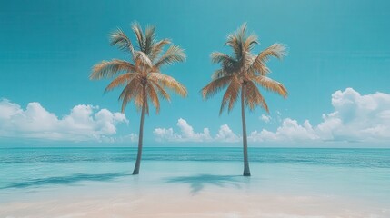 Fototapeta premium Serene tropical beach scene with two majestic palm trees standing in shallow turquoise water under a vibrant blue sky, perfect for travel, vacation, or relaxation themes.