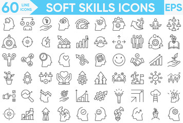 soft skills. Linear icon collection. Editable stroke.Soft skills line icon set. Containing communication, teamwork, empathy, time management and work ethics icons.
