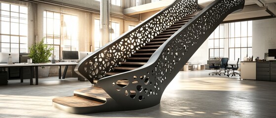 Obraz premium A modern staircase with a unique design in a bright office space.