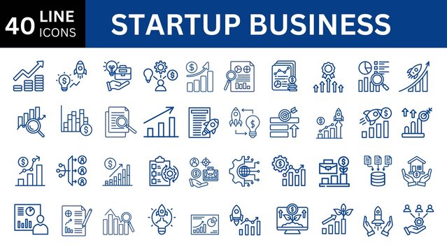 startup business icon set. business plan, investment, launch, funding, investor and entrepreneurship icons. Solid icon collection. Vector illustration.
