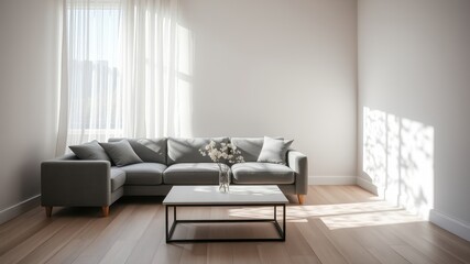 A Minimalist Living Room with a Grey Sectional Sofa and Natural Light Streaming Through Sheer Curtains