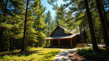 A rustic cabin nestled amidst a lush forest, with a stone path leading towards its welcoming entrance.