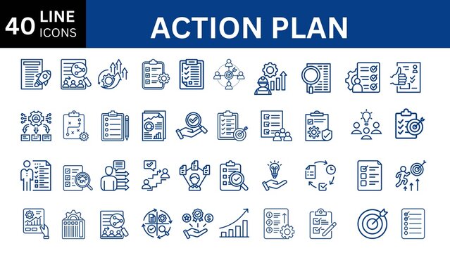 Action plan set of web icons in line style. Strategy action planning icons for web and mobile app. Containing strategy, analysis, planning, strategy, analysis, tasks, goal, implementation and more