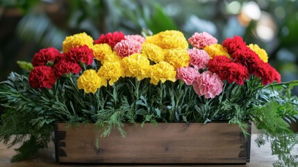 Fototapeta premium Vibrant Colorful Carnation Flowers in Wooden Planter Arrangement