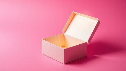 A partially opened white box rests on a solid pink background, revealing an empty interior.  The box casts a soft shadow on the surface.