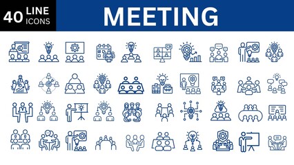Meeting set of web icons in line style. Live webinar icons for web and mobile app. Containing conference, business meeting, classroom, team, interview, conference, work, discussion and more