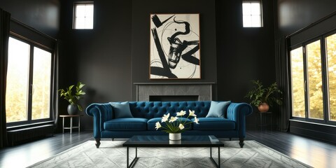 A Modern Living Room with a Blue Sofa, a Black and White Abstract Painting, and a Glass Coffee Table